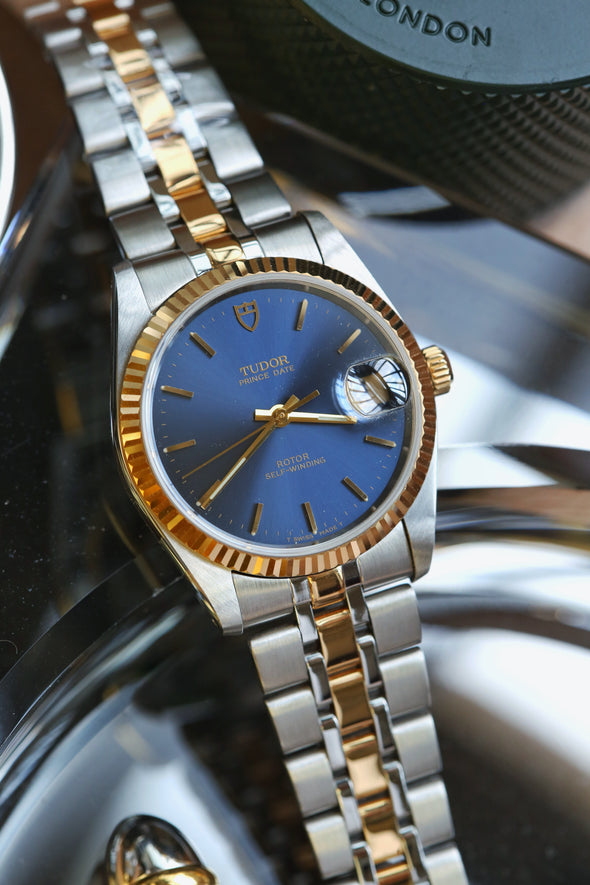 Tudor Prince Date 74033 Blue Sunburst Dial Watch
