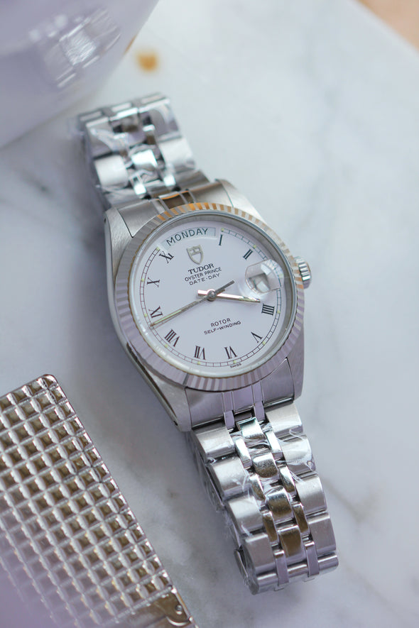 Tudor Prince Date-Day Vintage White Buckley Dial Watch