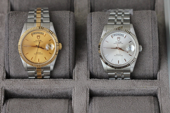 Tudor Prince Date-Day 76214 Silver Sunburst Dial Watch + Tudor 76213 Champagne Dial Watch