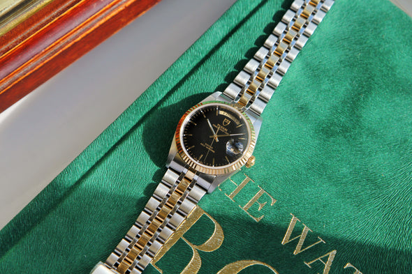Tudor Prince Date-Day 76213 Automatic Black Dial 18 Karat Gold Bezel Watch