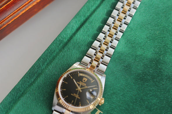 Tudor Prince Date-Day 76213 Automatic Black Dial 18 Karat Gold Bezel Watch