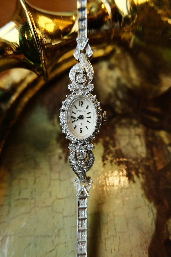 Hamilton 14K white gold diamond Art Deco ladies watch