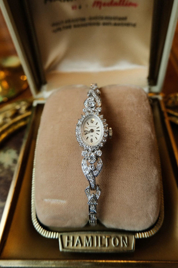 Hamilton 14K white gold diamond Art Deco ladies watch