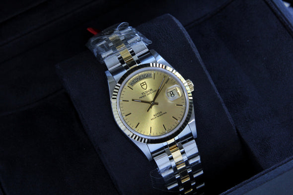Tudor Prince Date-Day 76213 Automatic Champagne Dial Stick watch with sticker